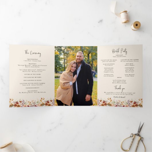 Gilded Fall Terracotta Floral Dreifach-gefaltete Programmkarte (Innenseite)