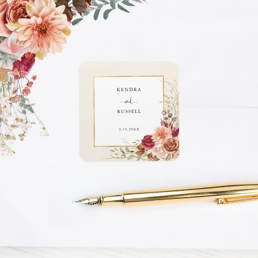 Gilded Fall Terracotta Floral Quadratischer Aufkleber