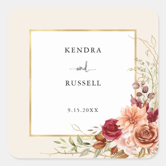 Gilded Fall Terracotta Floral Quadratischer Aufkleber (Vorderseite)