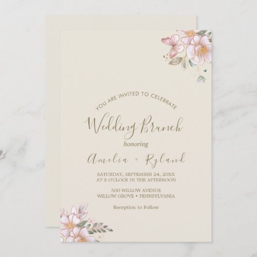 Gilded Floral | Brunch mit Creme & Gold Einladung (Vorne/Hinten)