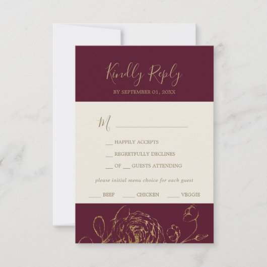 Gilded Floral | Burgund & Gold Menü UAWG RSVP Karte (Vorderseite)