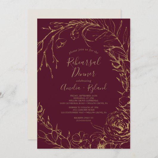 Gilded Floral | Burgund & Gold Probe Dinner Einladung (Vorne/Hinten)