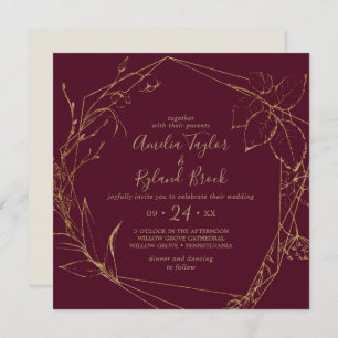 Gilded Floral Burgundy & Gold Geometric Wedding Einladung