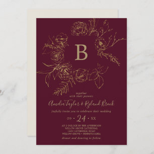 Gilded Floral   Burgundy & Gold Monogram Wedding Einladung