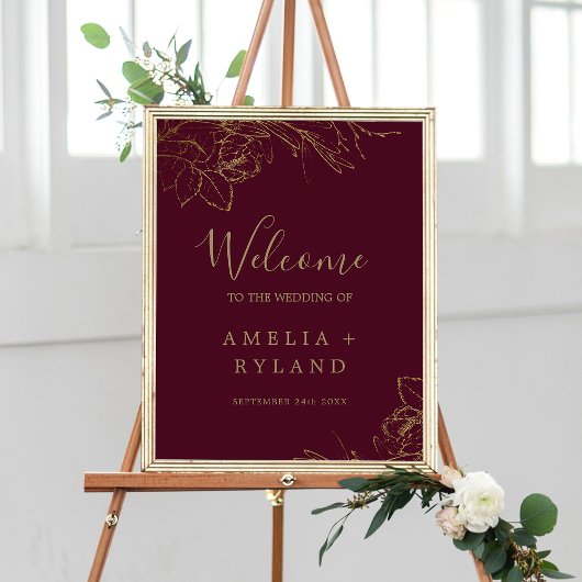 Gilded Floral Burgundy Gold Wedding Willkommen Poster