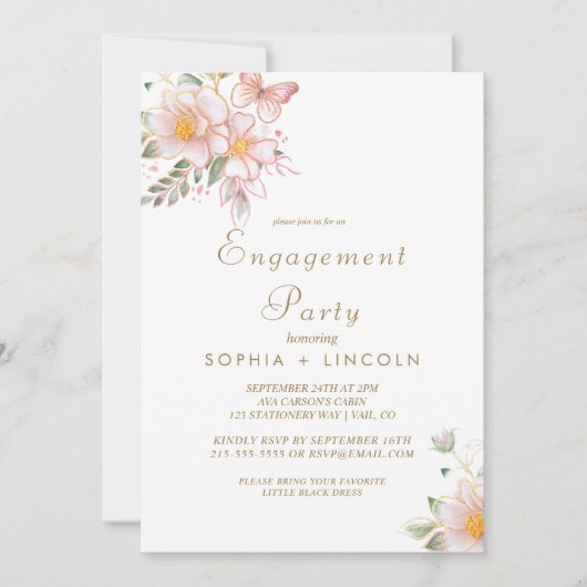 Gilded Floral Cream & Gold Engagement Party Einladung (Vorderseite)