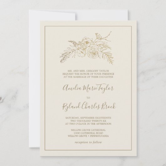 Gilded Floral | Cream Gold feierliche Hochzeit Einladung (Vorderseite)