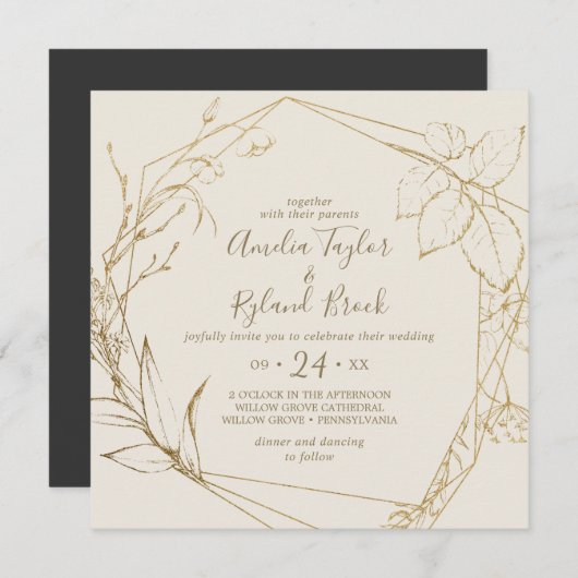Gilded Floral | Creme and Gold Geometric Wedding Einladung (Vorne/Hinten)