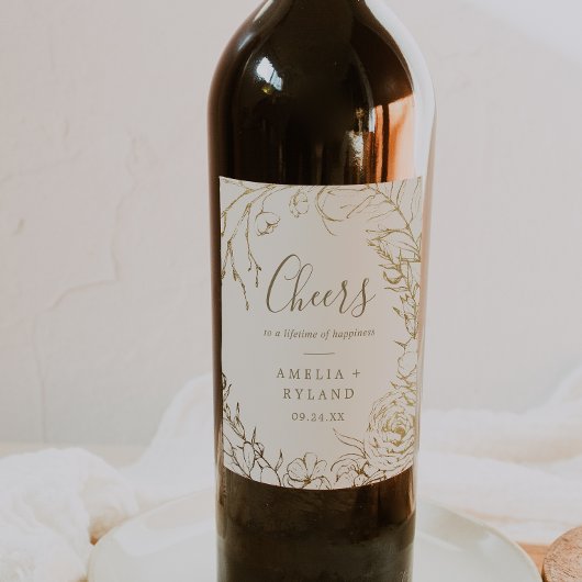 Gilded Floral | Creme Cheers Wedding Wine Labels Weinetikett