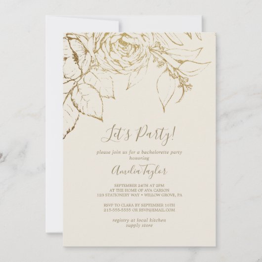 Gilded Floral | Creme und Gold Let's Party Einladung (Vorderseite)