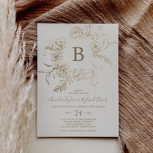 Gilded Floral | Creme und Gold Monogram Wedding Einladung