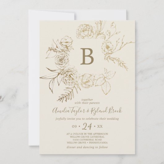 Gilded Floral | Creme und Gold Monogram Wedding Einladung (Vorderseite)