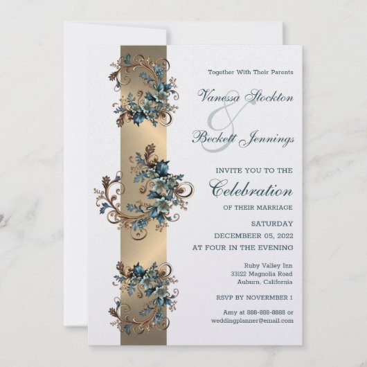 Gilded Floral Elegance Wedding Einladung (Vorderseite)