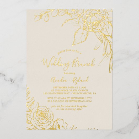 Gilded Floral | Gold Foil and Cream Wedding Brunch Folieneinladung (Vorderseite)