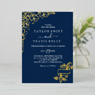 Gilded Floral   Gold Foil Navy Front & Back Weddin Folieneinladung