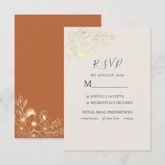 Gilded Floral Gold Wedding RSVP Card Karte (Vorne/Hinten)