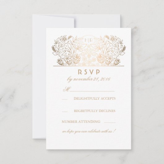Gilded Floral Grey White Wedding RSVP Card Karte (Vorderseite)