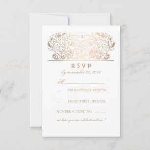 Gilded Floral Grey White Wedding RSVP Card Karte