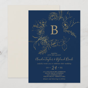 Gilded Floral Hochzeit von Navy Blue & Gold Mono Einladung