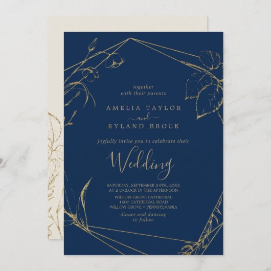 Gilded Floral | Hochzeit von Navy Blue und Gold Einladung (Vorne/Hinten)