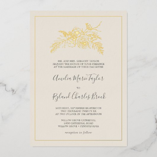 Gilded Floral | Hochzeitsfeiern mit Goldfolie Folieneinladung (Vorderseite)