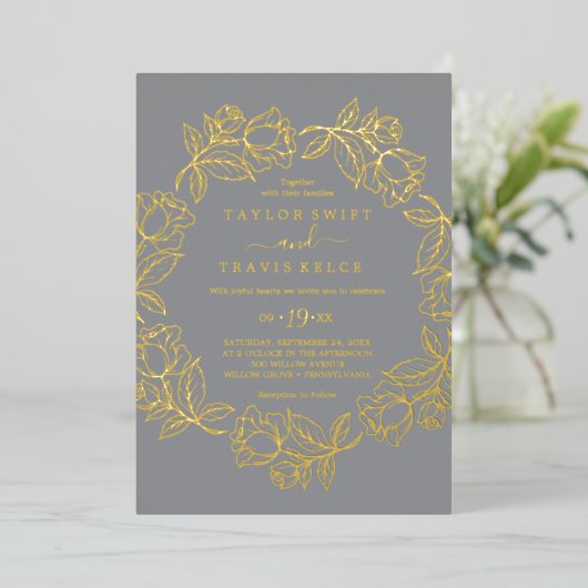 Gilded Floral | Lässige Hochzeit mit Goldfolie Folieneinladung (Stehend vorne)