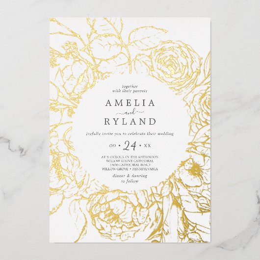 Gilded Floral | Lässige Hochzeit mit Goldfolie Folieneinladung (Vorderseite)