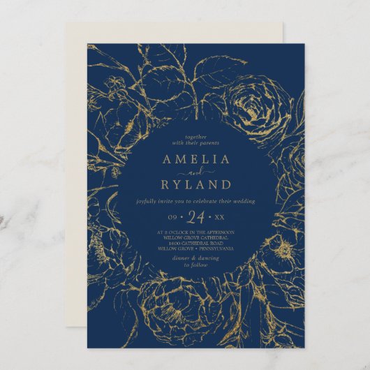 Gilded Floral | Lässige Hochzeit von Navy Blue und Einladung (Vorne/Hinten)