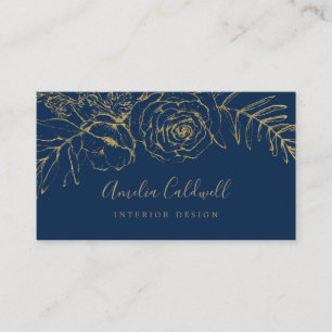 Gilded Floral   Navy Blue and Gold Business Card Visitenkarte