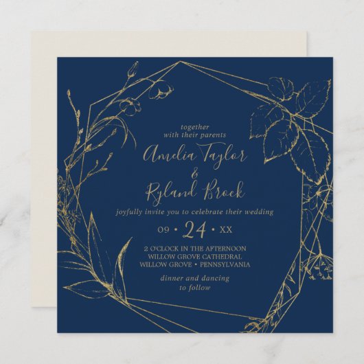 Gilded Floral | Navy Blue & Gold Geometric Wedding Einladung (Vorne/Hinten)