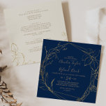 Gilded Floral Navy Gold auf einem Platz Hochzeit Einladung<br><div class="desc">Diese vergoldete Blumenmarine und Gold in einer quadratischen Hochzeitseinladung ist perfekt für eine elegante Hochzeit. Das moderne boho-Design besticht durch eine skurrile Anordnung von Imitaten mit vergoldeten Blume, Blätter und Botanicals auf marinebasischem Hintergrund. Rett Papier, indem man die Details auf der Rückseite der Hochzeitseinladung statt auf einer separaten Kapselkarte angibt....</div>