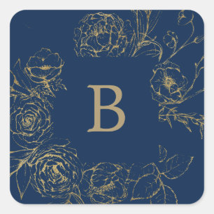 Gilded Floral Navy & Gold Wedding Umschlag Aufkleb Quadratischer Aufkleber