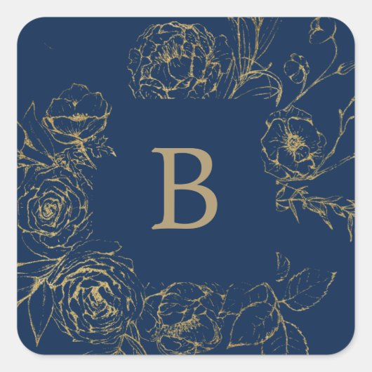 Gilded Floral Navy & Gold Wedding Umschlag Aufkleb Quadratischer Aufkleber (Vorderseite)