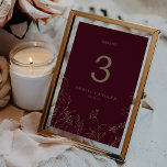 Gilded Floral Printable Burgundy Gold Tischnummer<br><div class="desc">Diese vergoldete, blumenbedruckbare Bordeaux- und Goldweih-Tischnummer ist ideal für eine Hochzeit. Das moderne boho-Design besticht durch eine skurrile Anordnung von Imitaten mit vergoldeten Blume, Blätter und Botanicals auf bordeauxrotem Hintergrund. Die Karte druckt auf der Vorder- und Rückseite (beidseitig). Fügen Sie jede Tischnummer, die Sie benötigen, einzeln in Ihren Warenkorb. Bitte...</div>