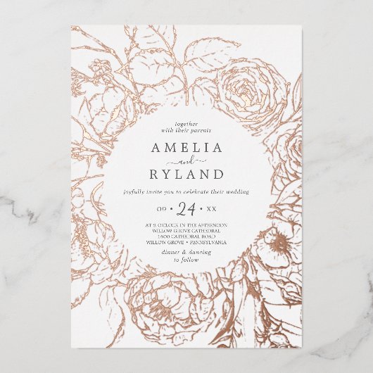Gilded Floral | Rose Gold Foil Lässig Hochzeit Folieneinladung (Vorderseite)