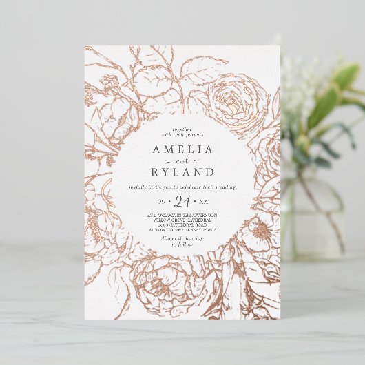 Gilded Floral | Rose Gold Foil Lässig Hochzeit Folieneinladung (Stehend vorne)