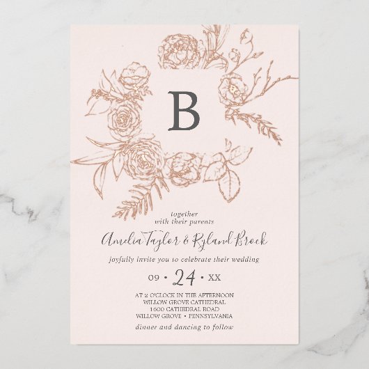 Gilded Floral Rose Gold Foil Pink Monogram Wedding Folieneinladung (Vorderseite)