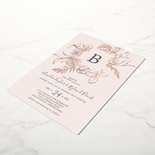 Gilded Floral Rose Gold Foil Pink Monogram Wedding Folieneinladung (Gedreht)