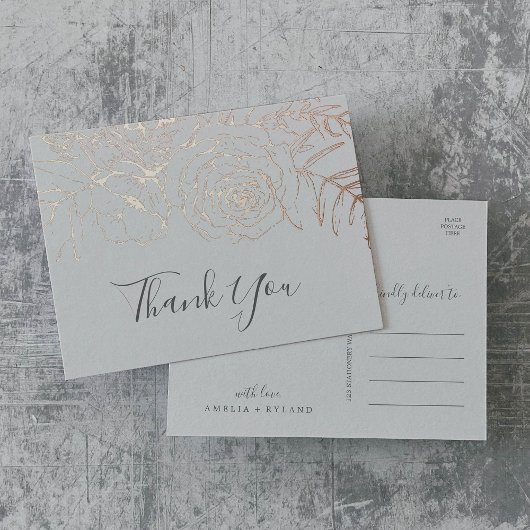 Gilded Floral | Rose Gold Foil und Grau Vielen Dan Folie Einladungspostkarte