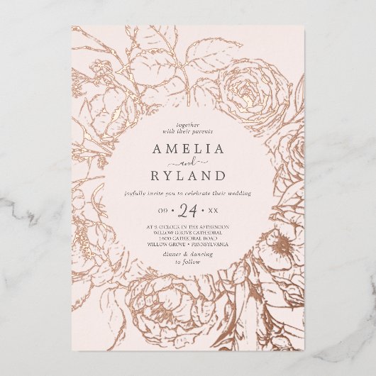 Gilded Floral Rose Goldener Pinsel Lässige Hochzei Folieneinladung (Vorderseite)