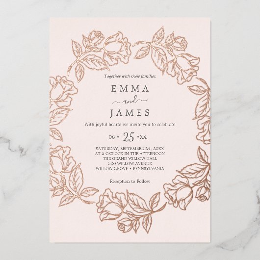Gilded Floral | Rose-Goldfoil-Blush-Hochzeit Folieneinladung (Vorderseite)