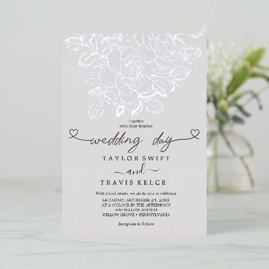 Gilded Floral | Silberstreifen-Grauer Hochzeitstag Folieneinladung (Stehend vorne)