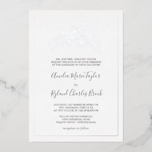Gilded Floral | Silver Foil Formal Wedding Folieneinladung (Vorderseite)