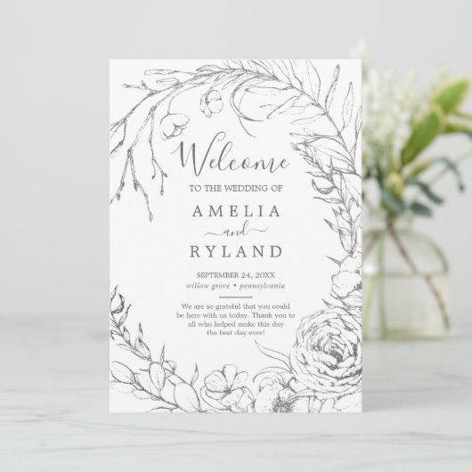 Gilded Floral Wreath | Silver & White Wedding Programm (Stehend Vorderseite)
