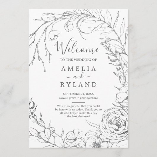 Gilded Floral Wreath | Silver & White Wedding Programm (Vorderseite)