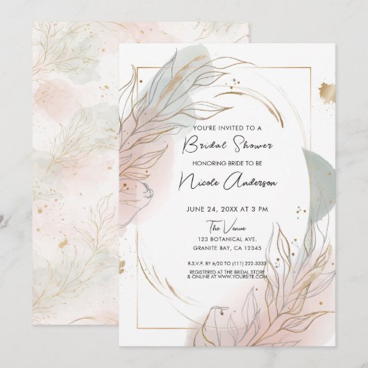 Gilded Gold Sage & Blush Botanical Bridal Shower Einladung (Vorne/Hinten)