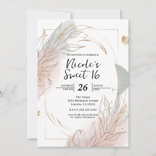 Gilded Gold Sage & Blush Botanical Sweet 16 Einladung (Vorderseite)