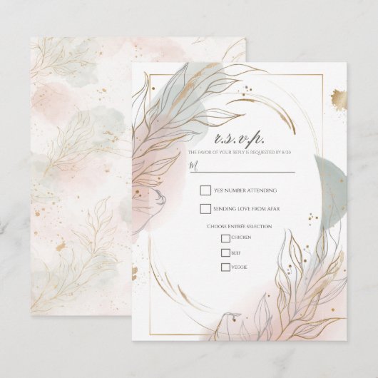 Gilded Gold Sage & Blush Botanical Wedding RSVP Einladung (Vorne/Hinten)
