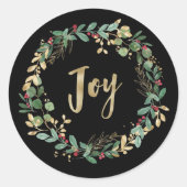 Gilded Greenery Black | Gold Christmas Joy Runder Aufkleber (Vorderseite)