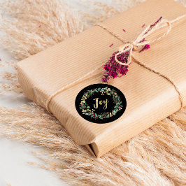 Gilded Greenery Black | Gold Christmas Joy Runder Aufkleber